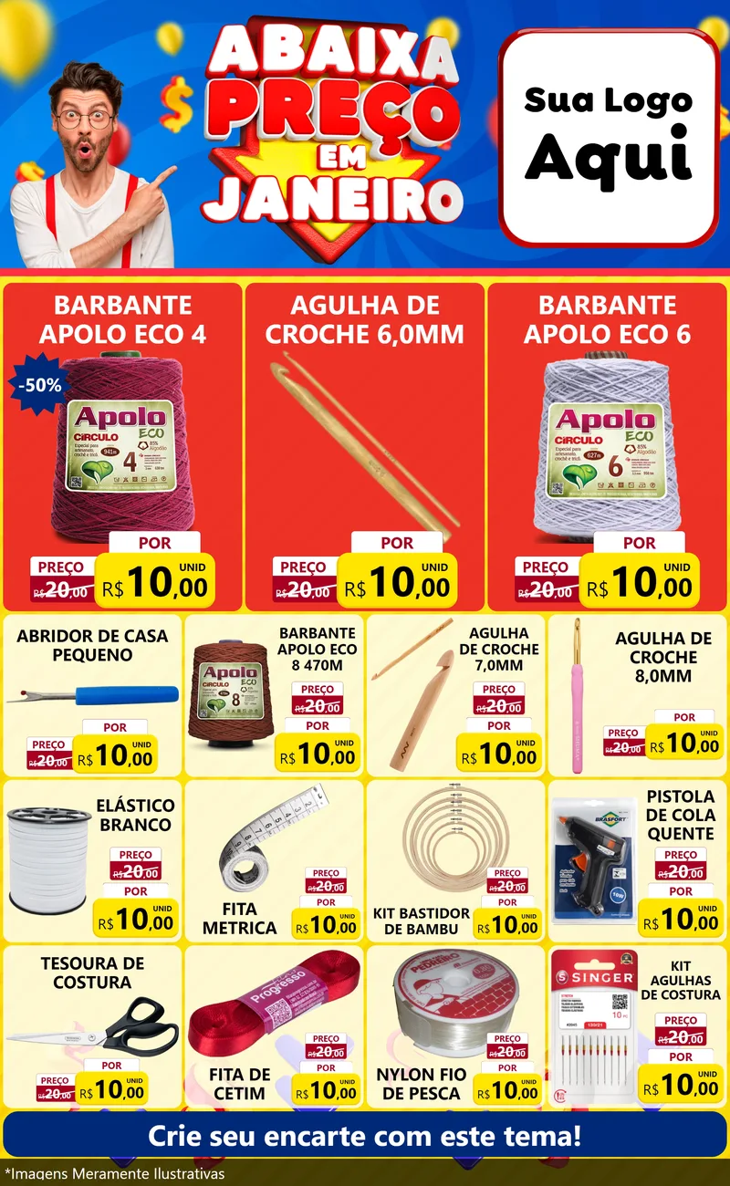 Modelo de Encarte para Encarte Grande com o tema Abaixa Preço em Janeiro para Armarinho e Aviamentos