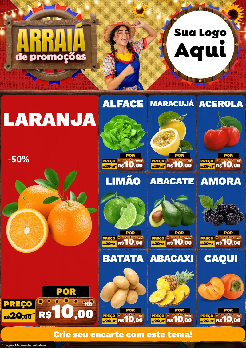 Modelo de Encarte para Encarte A4 Vertical com o tema Arraiá de Promoções para Hortifrúti