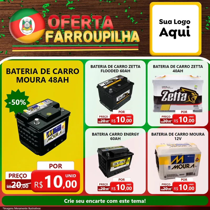 Modelo de Rede Social para Feed Facebook com o tema Oferta Farroupilha para Baterias Elétricas