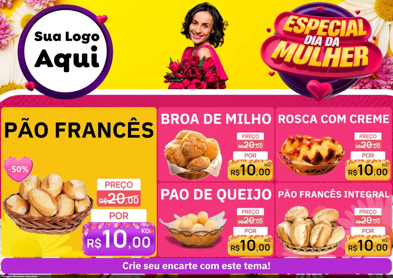 Modelo de Encarte para Encarte A4 Horizontal com o tema Especial Dia da Mulher para Padaria