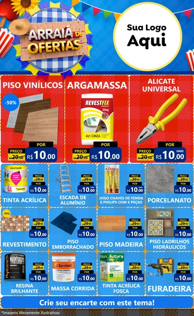 Modelo de Encarte para Encarte Grande com o tema Arraiá de Ofertas para Material para Construção