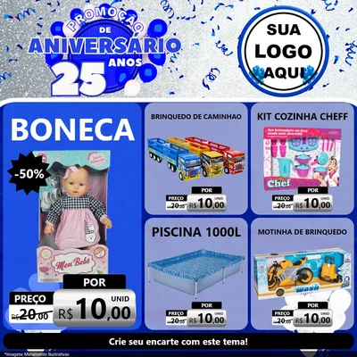 Modelo de Rede Social para Feed Facebook com o tema Promoção de Aniversário - 25 Anos para Brinquedos