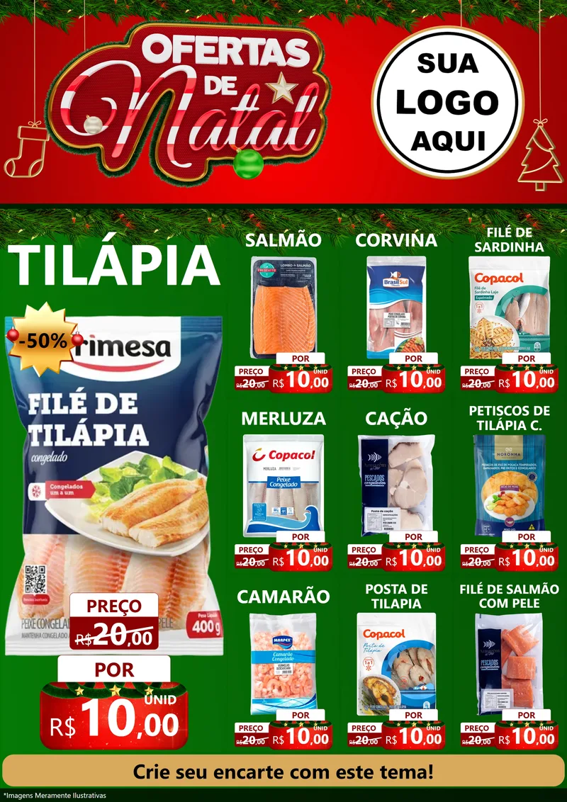 Modelo de Encarte para Encarte A4 Vertical com o tema Ofertas de Natal para Peixaria