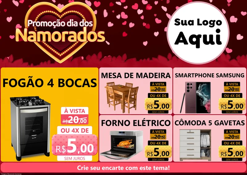 Modelo de Encarte para Encarte A4 Horizontal com o tema Promoção Dia Dos Namorados para Móveis e Eletro