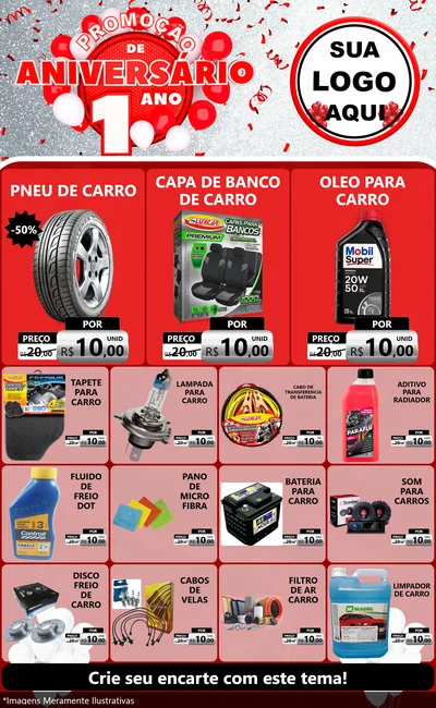 Modelo de Encarte para Encarte Grande com o tema Promoção de Aniversário - 1 Ano para Auto peças