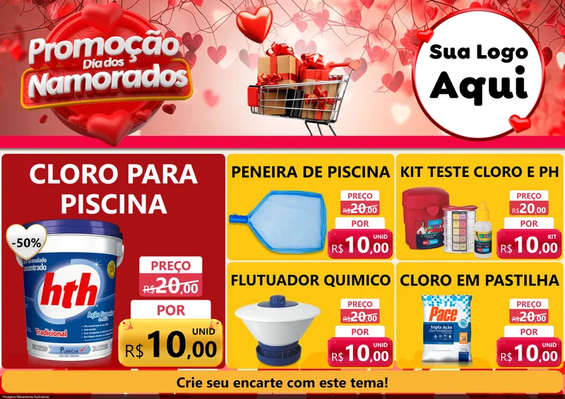 Modelo de Encarte para Encarte A4 Horizontal com o tema Promoção Dia dos Namorados para Produtos para Piscina