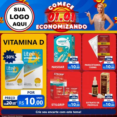 Modelo de Rede Social para Feed Facebook com o tema Comece 1º de Janeiro Economizando para Farmácia