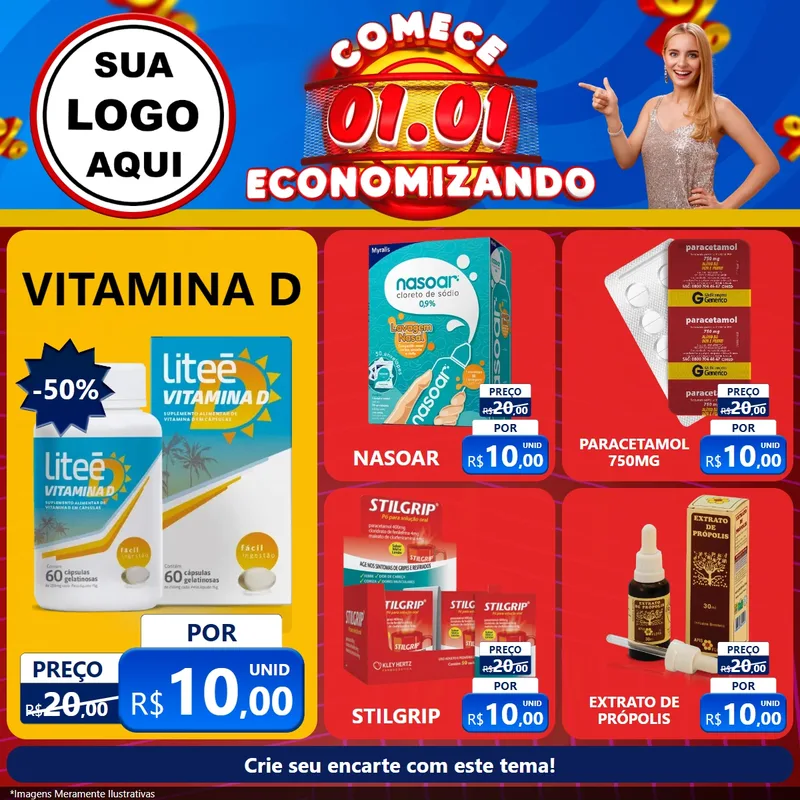 Modelo de Rede Social para Feed Facebook com o tema Comece 1º de Janeiro Economizando para Farmácia