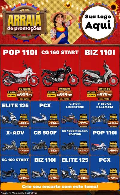 Modelo de Encarte para Encarte Grande com o tema Arraiá de Promoções para Concessionaria de Motos