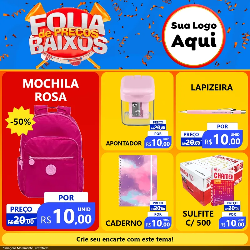 Modelo de Rede Social para Feed Facebook com o tema Folia de Preços Baixos para Papelaria
