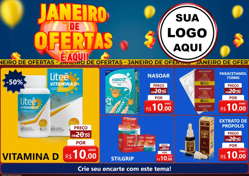 Modelo de Encarte para Encarte A4 Horizontal com o tema Janeiro de Ofertas É Aqui! para Farmácia