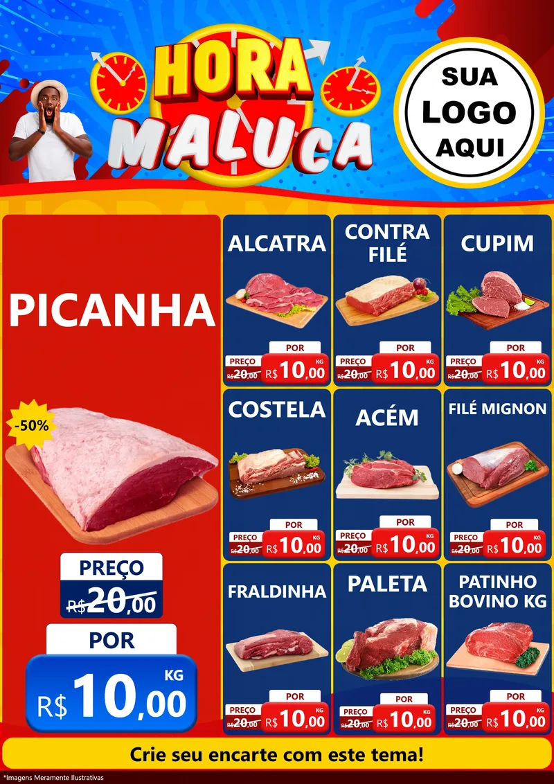 Modelo de Encarte para Encarte A4 Vertical com o tema Hora Maluca para Açougue