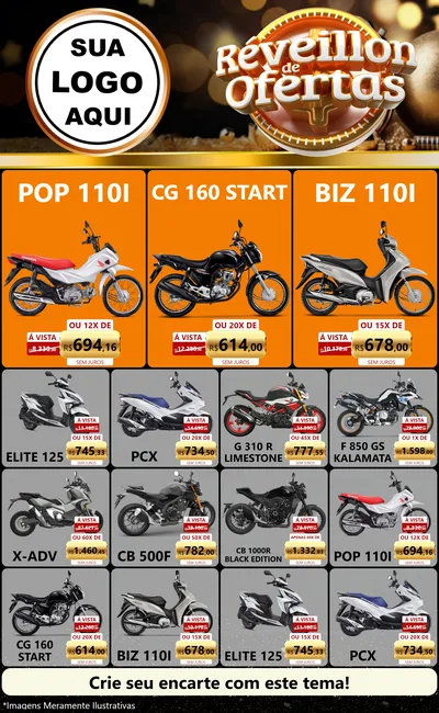 Modelo de Encarte para Encarte Grande com o tema Réveillon de Ofertas para Concessionaria de Motos