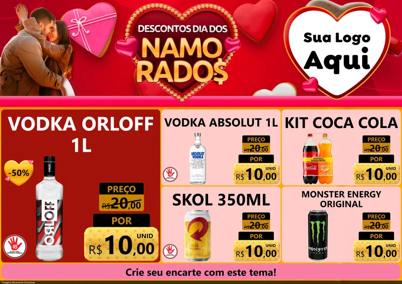 Modelo de Encarte para Encarte A4 Horizontal com o tema Descontos Dia dos Namorados para Distribuidora de bebidas