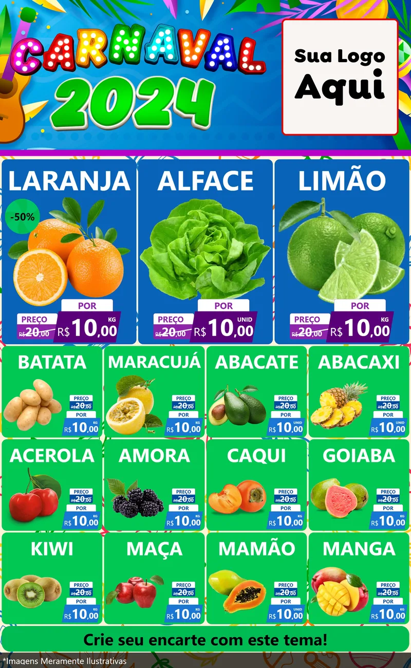 Modelo de Encarte para Encarte Grande com o tema Carnaval 2027 para Hortifrúti