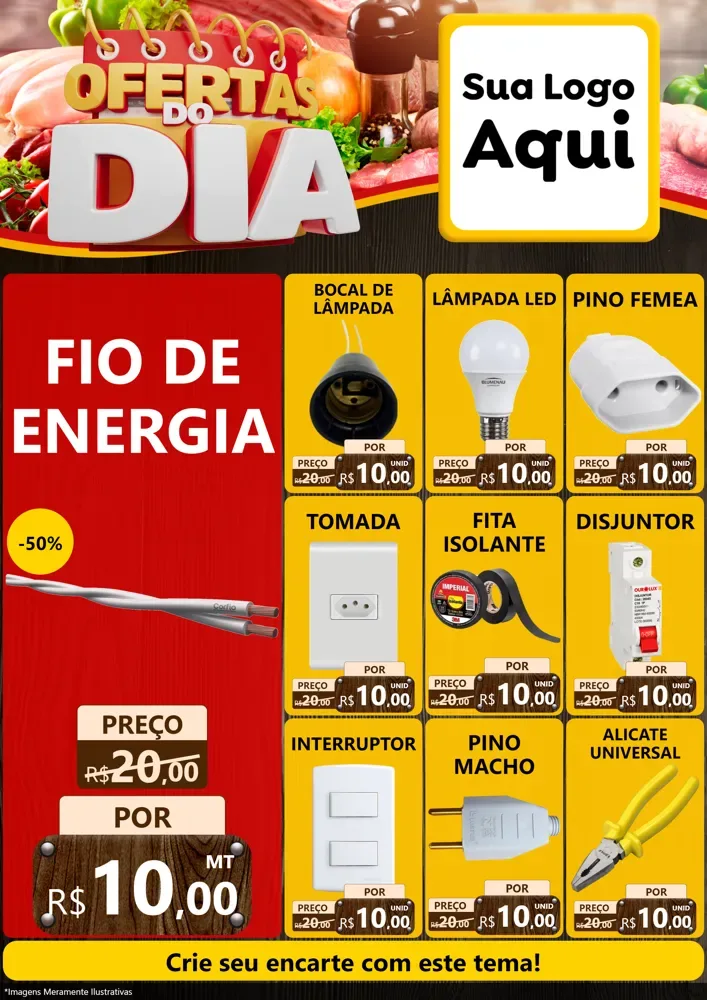 Modelo de Encarte para Encarte A4 Vertical com o tema Ofertas do Dia para Materiais Elétricos