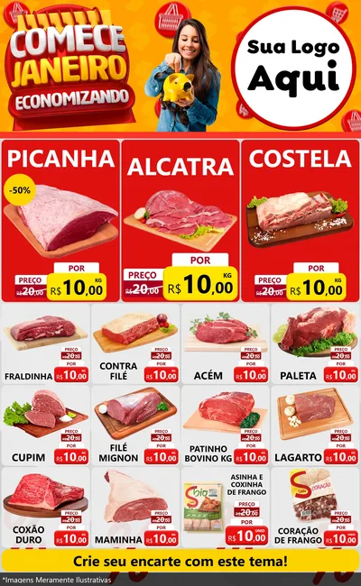Modelo de Encarte para Encarte Grande com o tema Comece Janeiro Economizando para Açougue