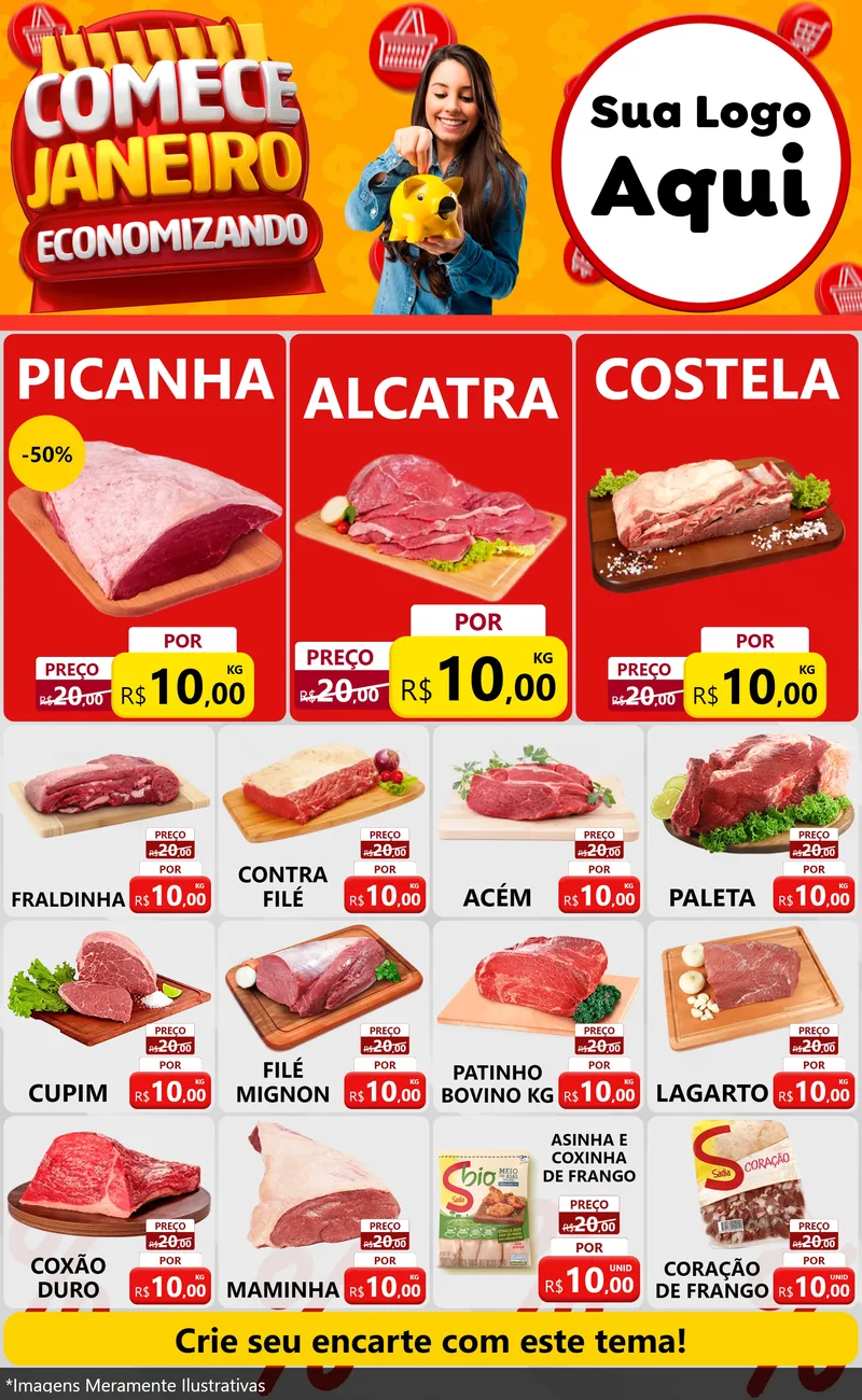Modelo de Encarte para Encarte Grande com o tema Comece Janeiro Economizando para Açougue