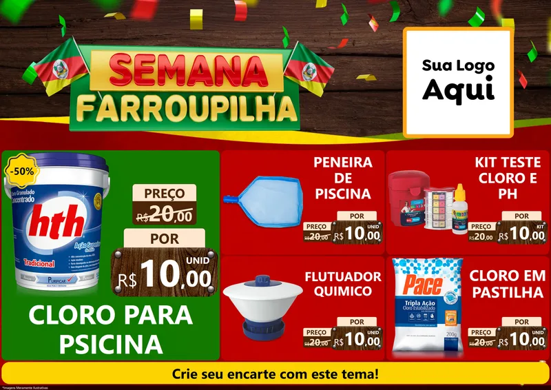 Modelo de Encarte para Encarte A4 Horizontal com o tema Semana Farroupilha para Produtos para Piscina
