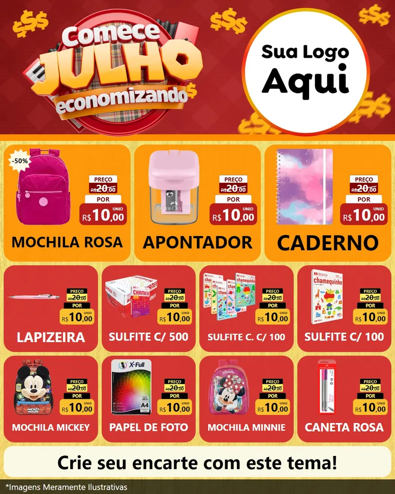 Modelo de Rede Social para Feed Instagram com o tema Comece Julho Economizando para Papelaria