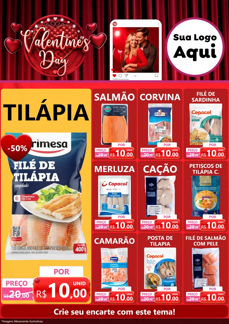 Modelo de Encarte para Encarte A4 Vertical com o tema Valentine's Day para Peixaria