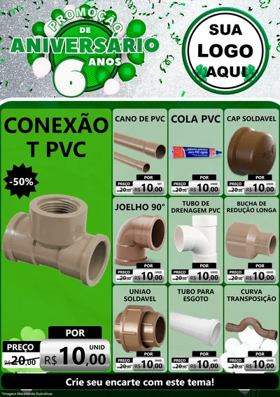 Modelo de Encarte para Encarte A4 Vertical com o tema Promoção de Aniversário - 6 Anos para Tubos e conexões