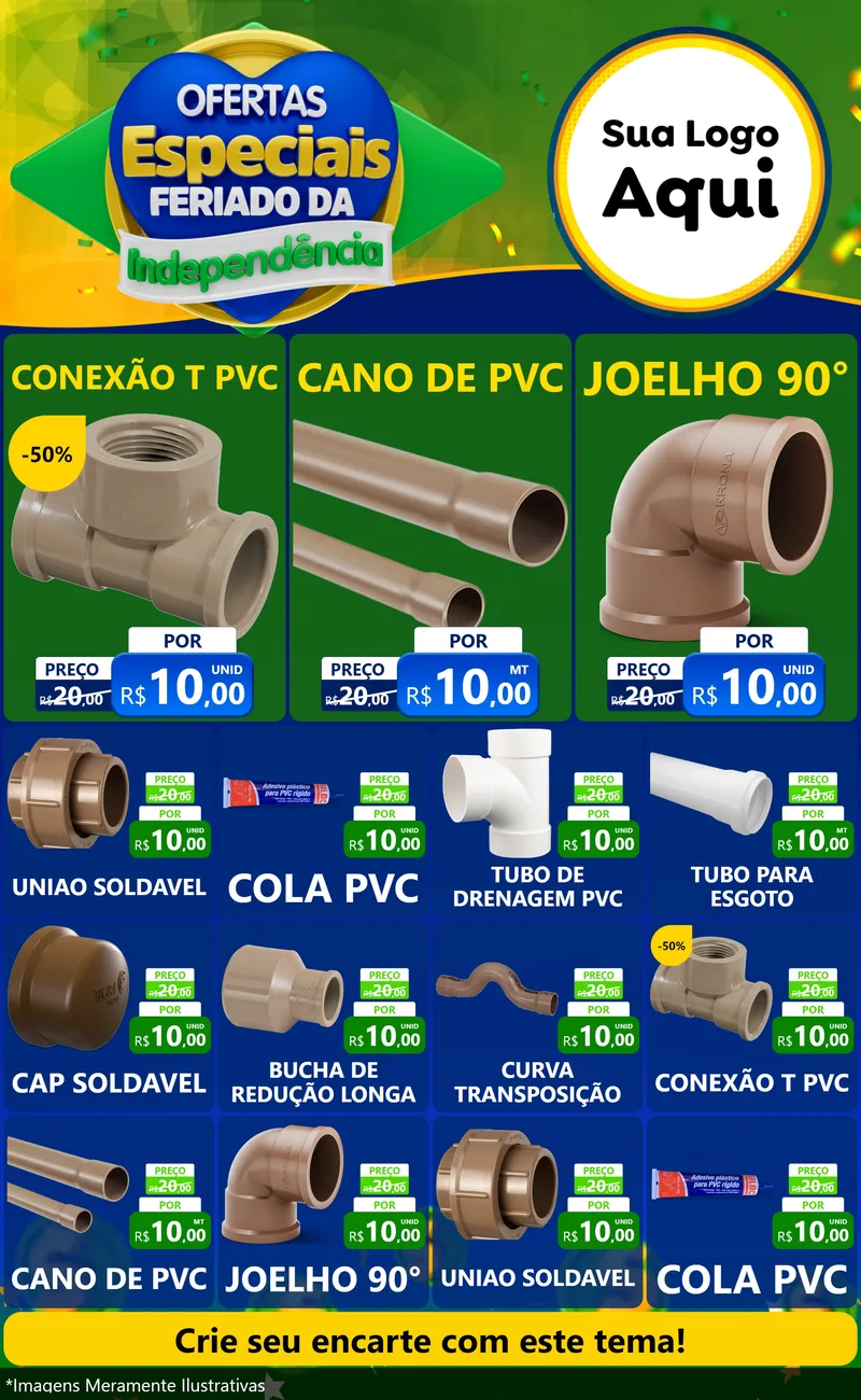 Modelo de Encarte para Encarte Grande com o tema Ofertas Especiais Feriado da Independência para Tubos e conexões