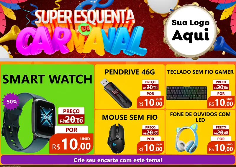 Modelo de Encarte para Encarte A4 Horizontal com o tema Super Esquenta de Carnaval para Informática