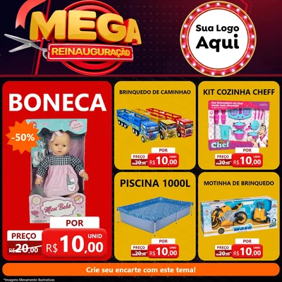 Modelo de Rede Social para Feed Facebook com o tema Mega Reinauguração para Brinquedos