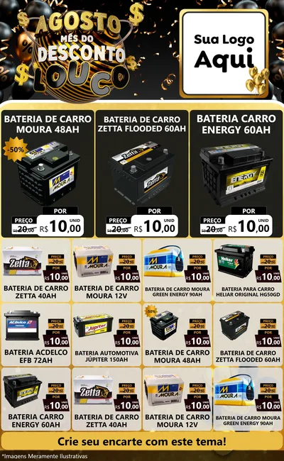 Modelo de Encarte para Encarte Grande com o tema Agosto Mês do Desconto Louco para Baterias Elétricas