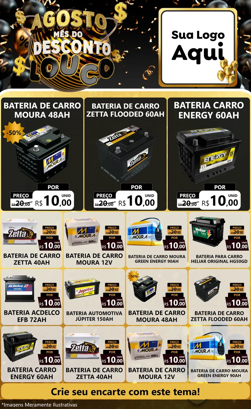 Modelo de Encarte para Encarte Grande com o tema Agosto Mês do Desconto Louco para Baterias Elétricas