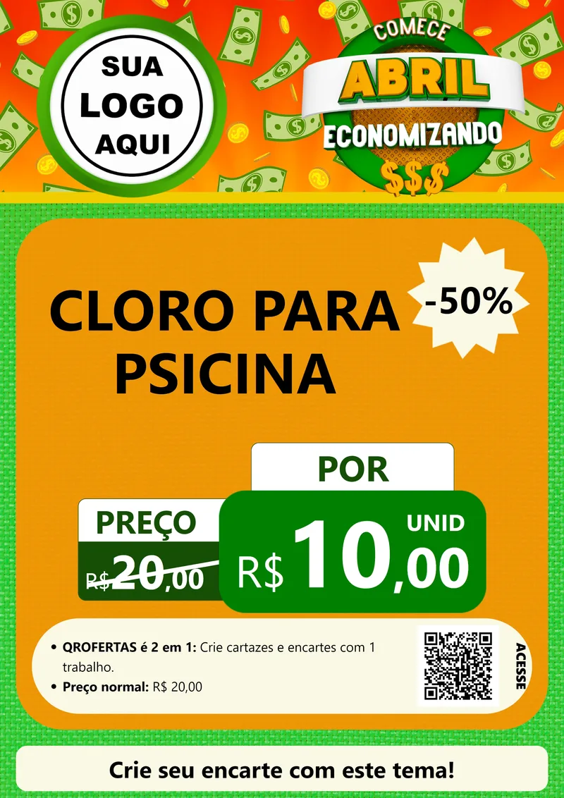Modelo de Cartaz para Cartaz A4 Vertical com o tema Comece Abril Economizando para Produtos para Piscina