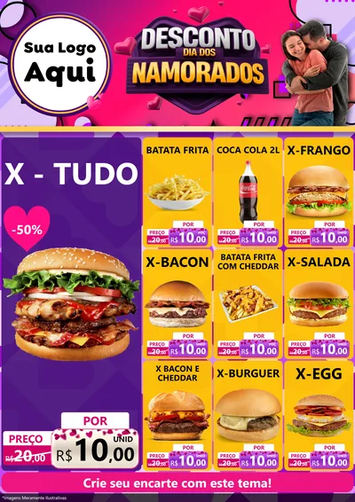 Modelo de Encarte para Encarte A4 Vertical com o tema Desconto Dia dos Namorados para Hamburgueria
