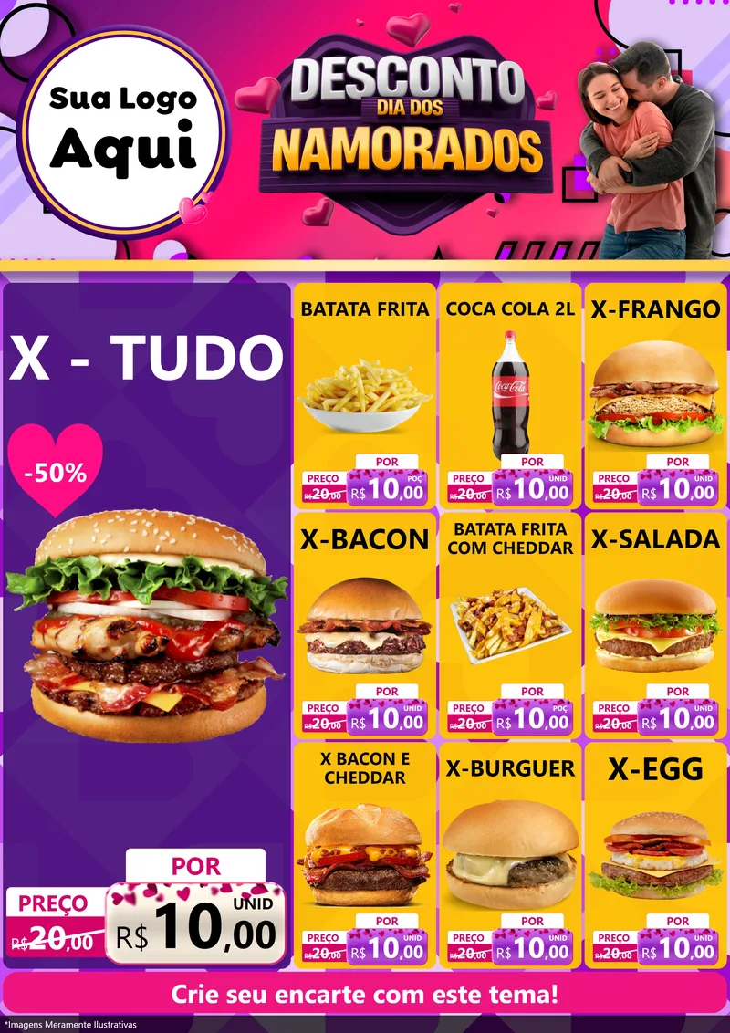 Modelo de Encarte para Encarte A4 Vertical com o tema Desconto Dia dos Namorados para Hamburgueria
