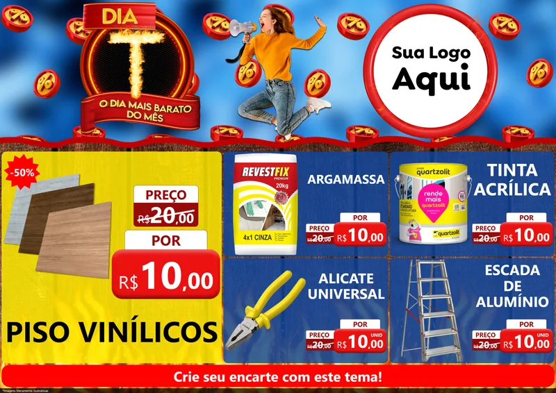 Modelo de Encarte para Encarte A4 Horizontal com o tema Dia T - O Dia Mais Barato Do Mês para Material para Construção