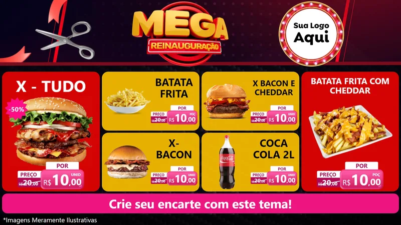 Modelo de TV para TV Horizontal com o tema Mega Reinauguração para Hamburgueria