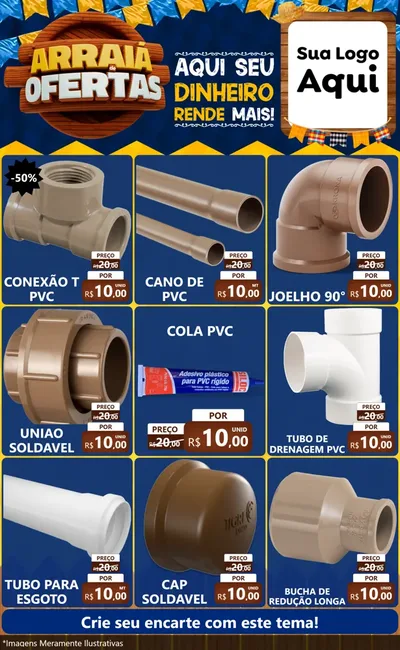 Modelo de Encarte para Encarte Grande com o tema Arraiá de Ofertas - Junina para Tubos e conexões