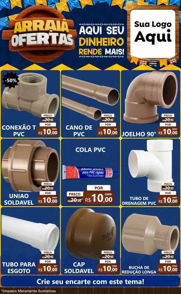 Modelo de Encarte para Encarte Grande com o tema Arraiá de Ofertas - Junina para Tubos e conexões