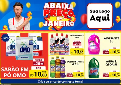 Modelo de Encarte para Encarte A4 Horizontal com o tema Abaixa Preço em Janeiro para Produtos de Limpeza