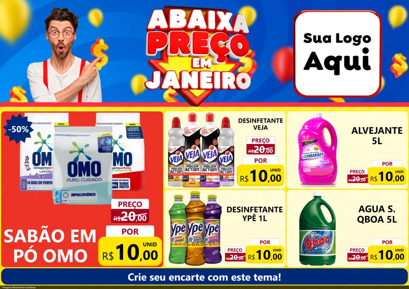 Modelo de Encarte para Encarte A4 Horizontal com o tema Abaixa Preço em Janeiro para Produtos de Limpeza