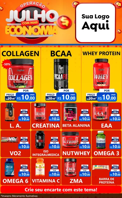 Modelo de Encarte para Encarte Grande com o tema Operação Julho Com Mais Economia para Suplementos alimentares