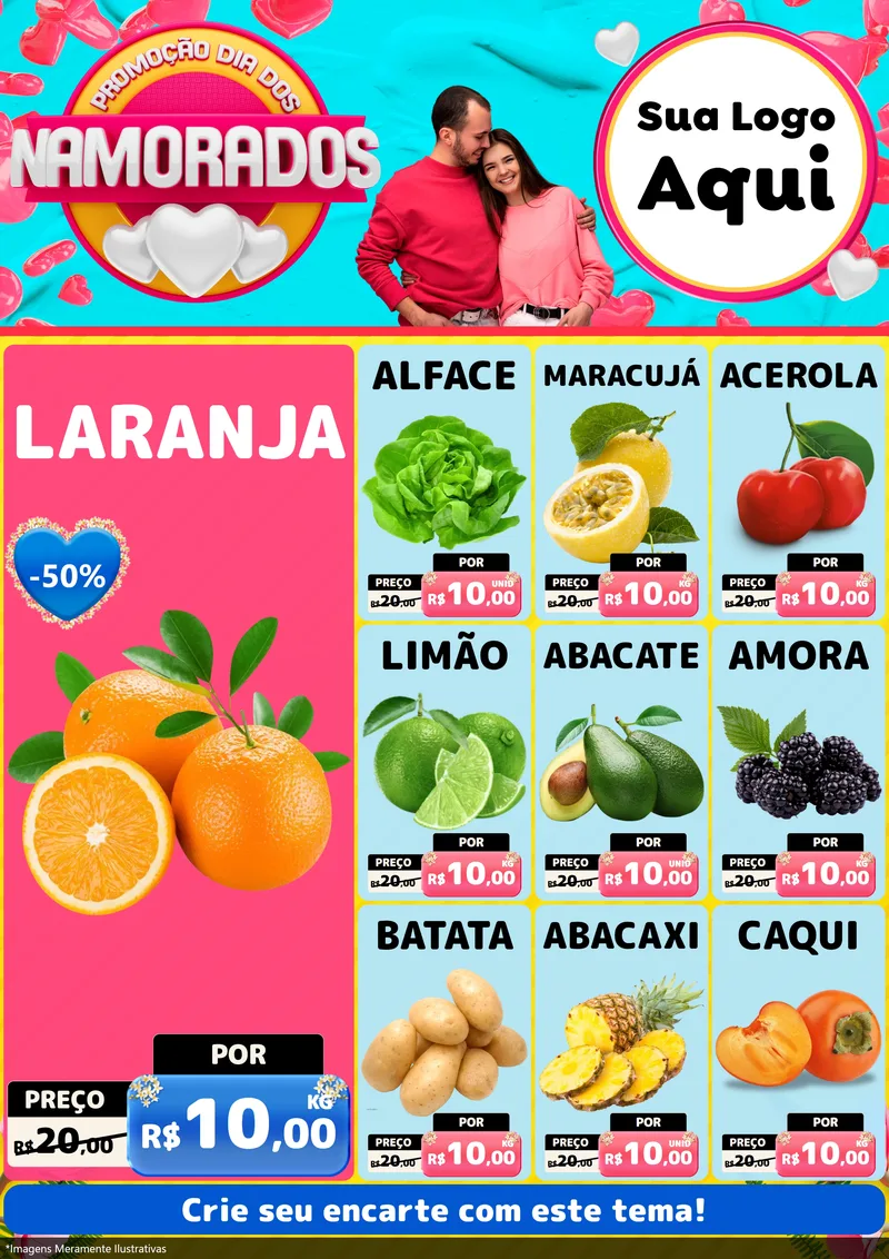 Modelo de Encarte para Encarte A4 Vertical com o tema Promoção Dia dos Namorados para Hortifrúti