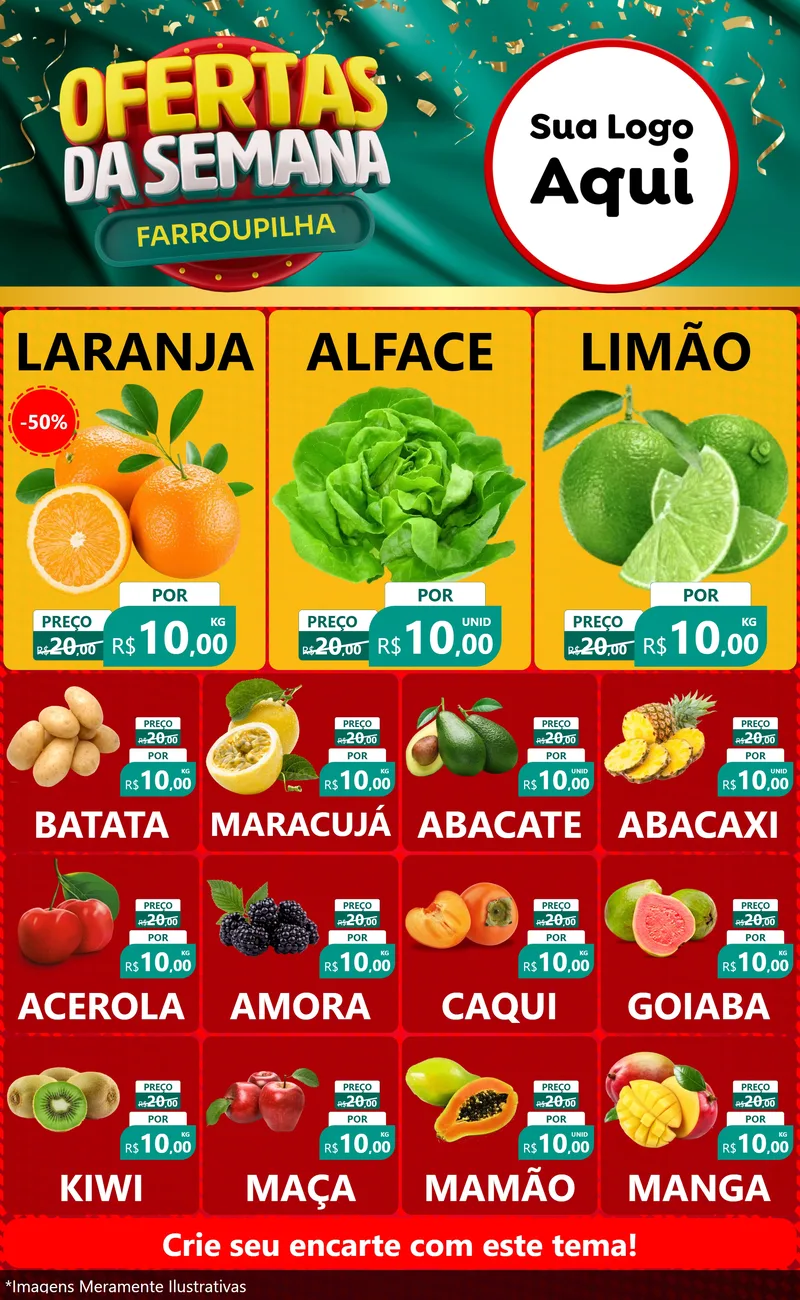 Modelo de Encarte para Encarte Grande com o tema Ofertas da Semana Farroupilha para Hortifrúti