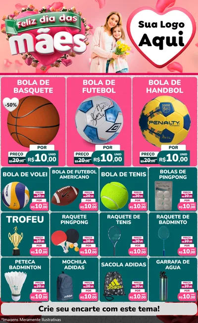 Modelo de Encarte para Encarte Grande com o tema Feliz Dia das Mães para Artigos Esportivos