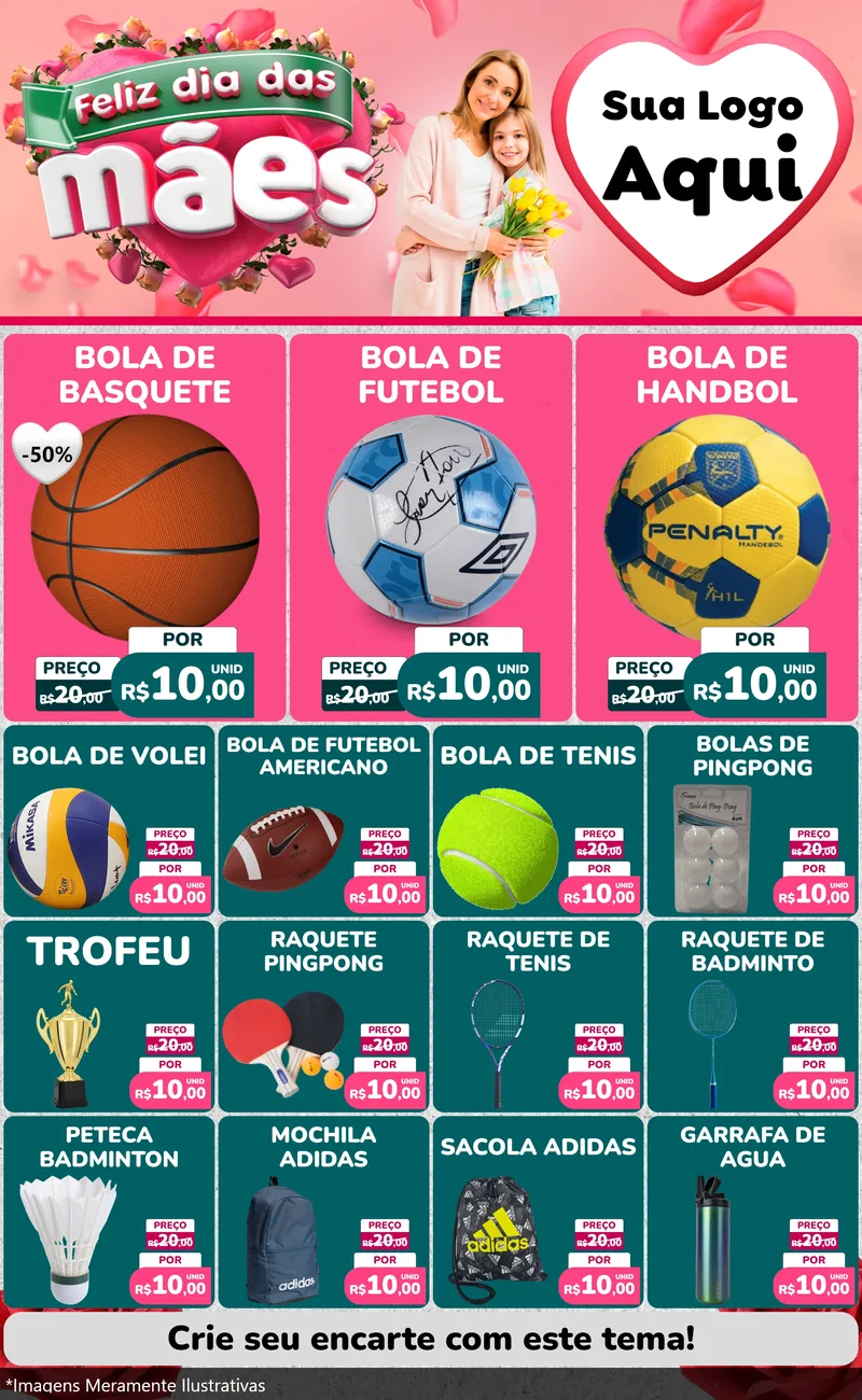 Modelo de Encarte para Encarte Grande com o tema Feliz Dia das Mães para Artigos Esportivos
