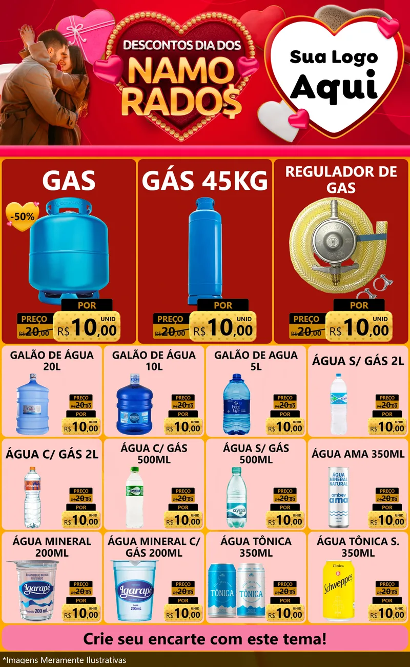 Modelo de Encarte para Encarte Grande com o tema Descontos Dia dos Namorados para Água e gás