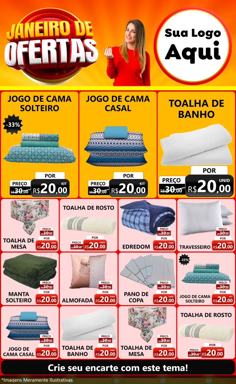 Modelo de Encarte para Encarte Grande com o tema Janeiro de Ofertas para Cama, Mesa e Banho