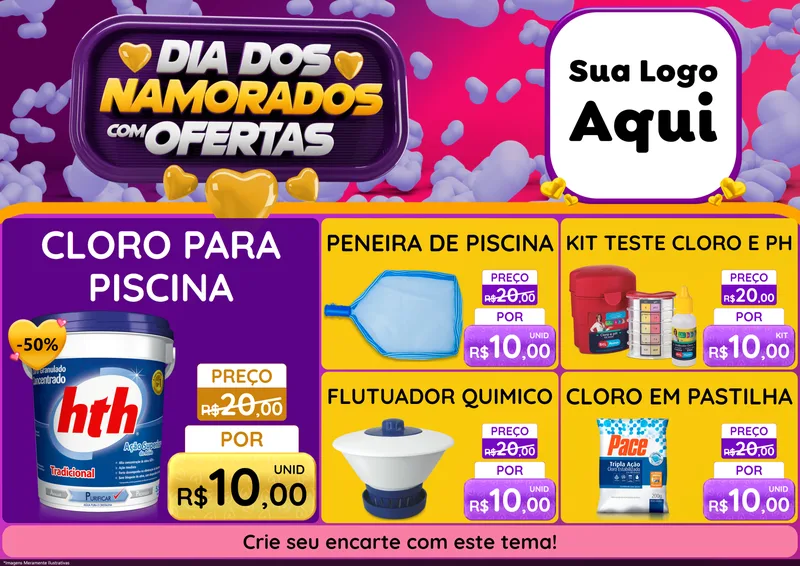 Modelo de Encarte para Encarte A4 Horizontal com o tema Dia Dos Namorados Com Ofertas para Produtos para Piscina