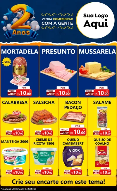 Modelo de Encarte para Encarte Grande com o tema Aniversário de 2 anos para Frios e Laticínios