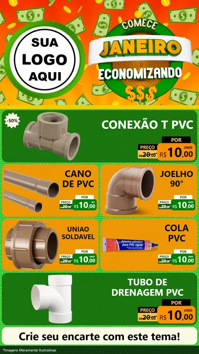 Modelo de TV para TV Vertical com o tema Comece Janeiro Economizando para Tubos e conexões
